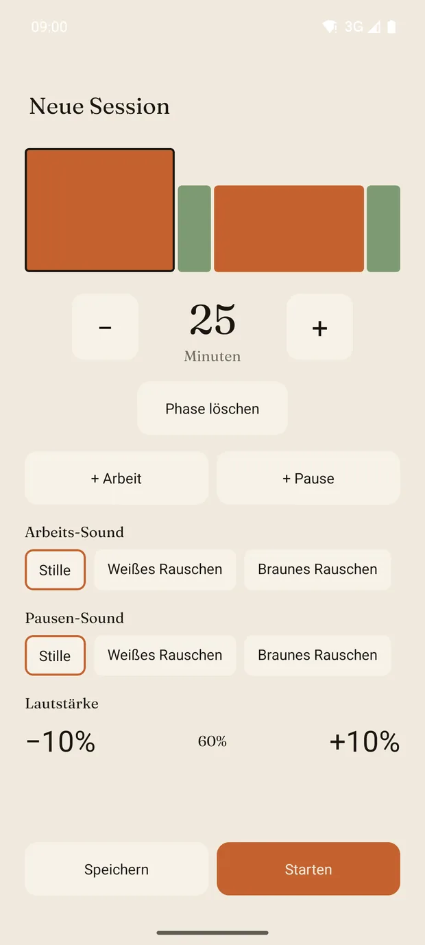 Der Session-Builder: Phasen als Balken, Minuten einstellen, Sounds für Arbeit und Pause wählen.