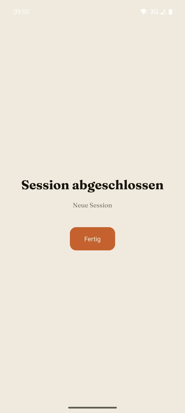 Der Abschlussbildschirm „Session abgeschlossen“ mit der erreichten Fokuszeit.