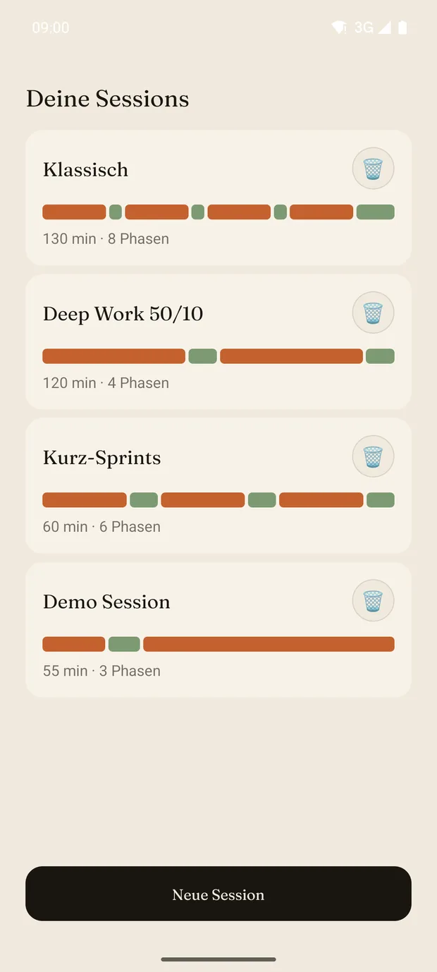 Die Übersicht „Deine Sessions“ mit vier gespeicherten Sessions und ihren Taktleisten.