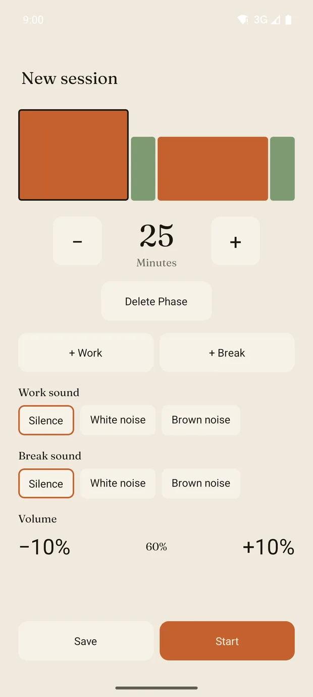 The session builder: phases as bars, setting minutes, choosing sounds for work and break.