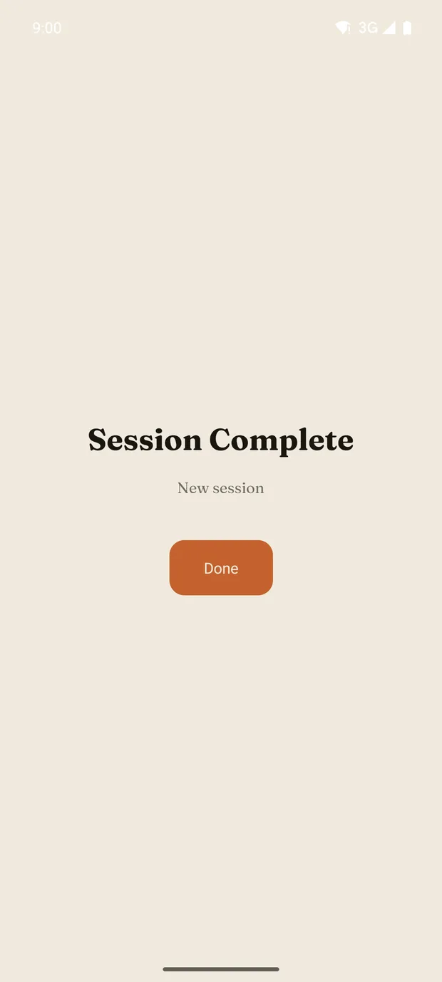 The “Session Complete” screen with the focus time achieved.