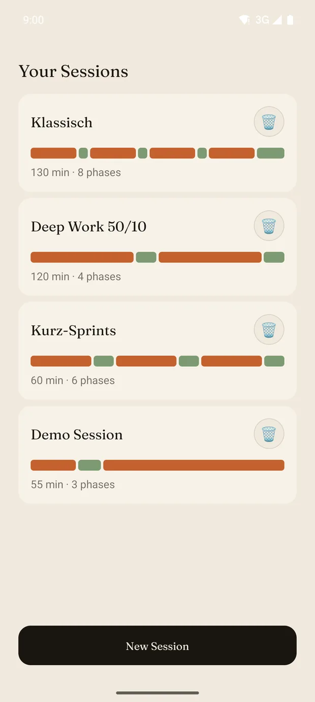 The “Your Sessions” overview with four saved sessions and their phase bars.